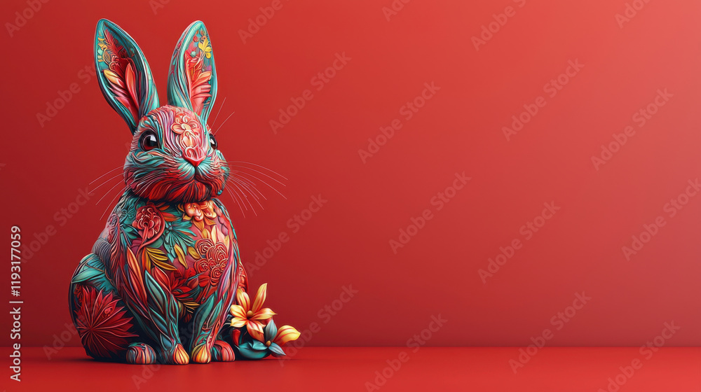 Poster vibrant 3d rabbit design for zodiac, featuring intricate floral patterns and bright colors against r