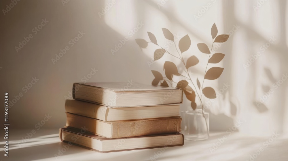 Poster elegant composition of stacked books with soft shadows and minimalist leaf design, capturing serenit