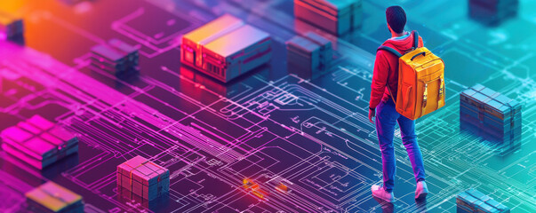 A package delivery person with a backpack stands on a colorful digital circuit with cargo boxes.