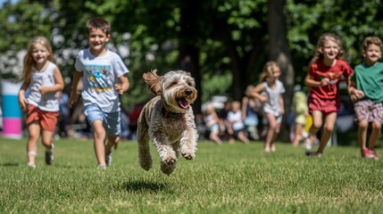 Obraz premium Happy children and dog running in park.