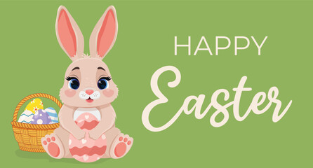 Horizontal poster with cute smiling bunny and holding Easter egg and wicker Easter basket with Easter ornate eggs. Vector Happy Easter banner with rabbit. Egg hunt game.