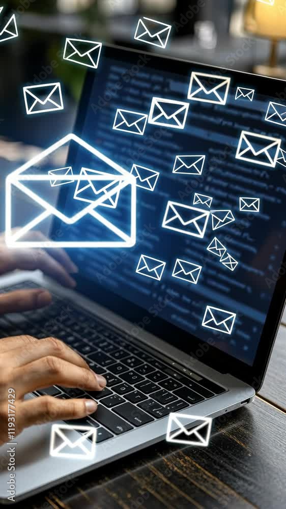 Poster a person types on a laptop while numerous email notifications appear on the display in a bright, con