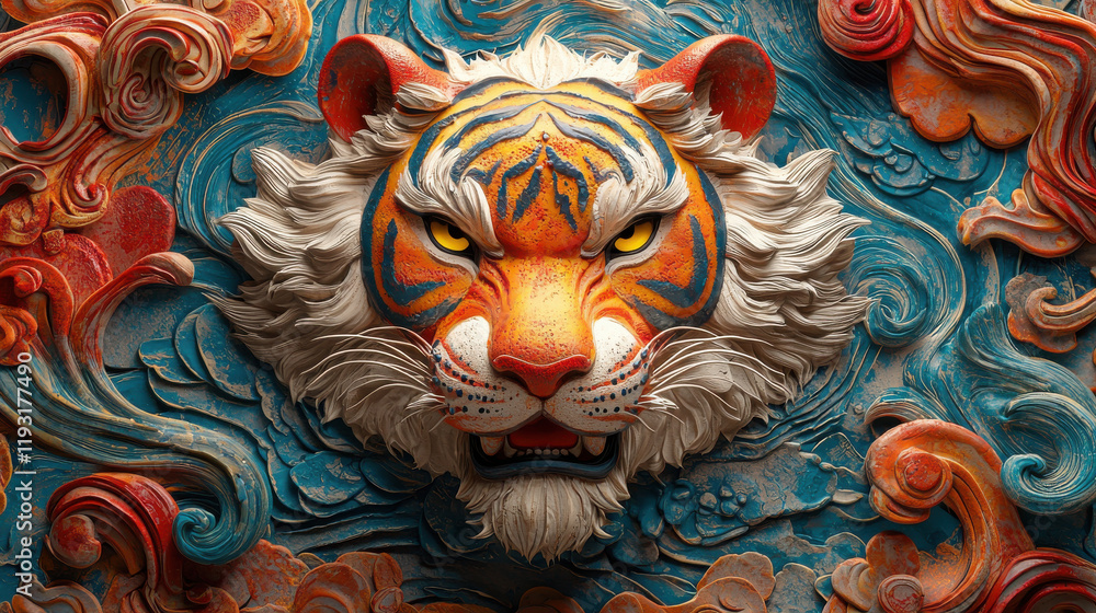 Poster vibrant 3d tiger design symbolizing zodiac sign of tiger, featuring intricate details and bold color