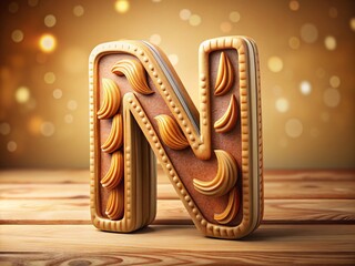 Obraz premium 3D Wooden Letter N, Beige Background, Alphabet, Craft, Food Photography