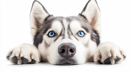 Obraz premium Adorable Siberian Husky with bright blue eyes resting its paws on a white surface, looking directly at the camera.
