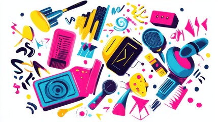 Abstract illustration of vibrant and colorful musical instruments and sound equipment with artistic designs, suitable for creative projects and music themes