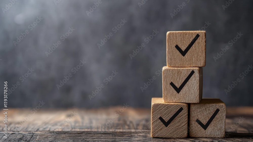 Poster three wooden blocks stacked, each with a checkmark, symbolizing achievement and completion.
