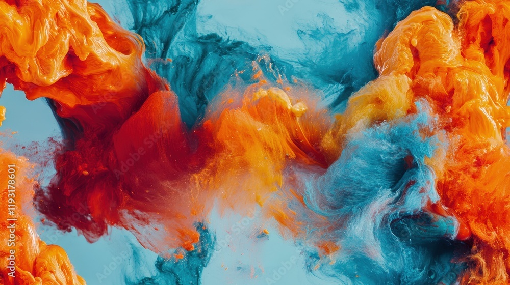 Poster abstract colorful fluid dynamics with orange, blue, and red swirls creating a vivid artistic composi