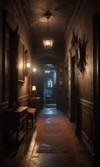 Fototapeta premium A dimly lit hallway in a haunted mansion with old furniture and cobwebs, hallway, furniture, abandoned