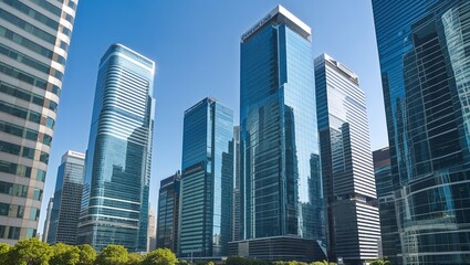 Fototapeta premium Modern urban marvels with gleaming glass facades reflecting the vibrant city skyline and lifestyle