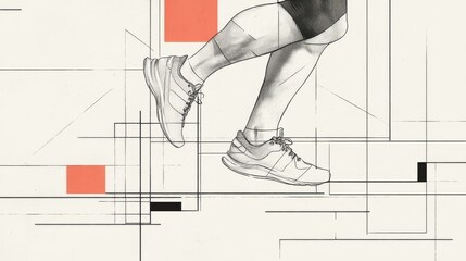 Running shoes, legs in motion, abstract background.