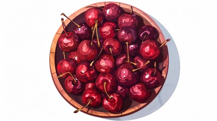 Juicy Ripe Cherries in Wooden Bowl on White Background - Fresh Summer Fruit Photography