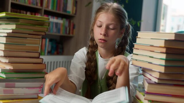 Bored naughty lazy Caucasian little girl teen child kid bad behavior schoolgirl school student pupil read book hard task tired annoyed by studying education trouble preparing exam in classroom library