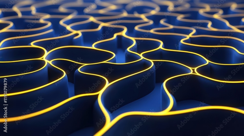 Poster abstract lines create dynamic patterns against a deep blue background, illuminating curves with warm