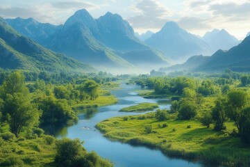 a picturesque river gracefully winds through a lush green valley, framed by majestic mountains at dawn, where the gentle light of early morning creates a tranquil and harmonious landscape