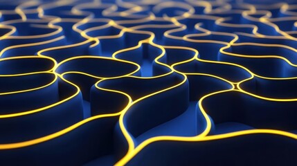 Fototapeta premium Abstract lines create dynamic patterns against a deep blue background, illuminating curves with warm yellow highlights.