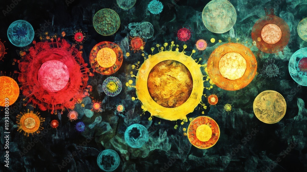 Poster colorful magnified depiction of viruses showcasing intricate structures and diverse forms in a scien