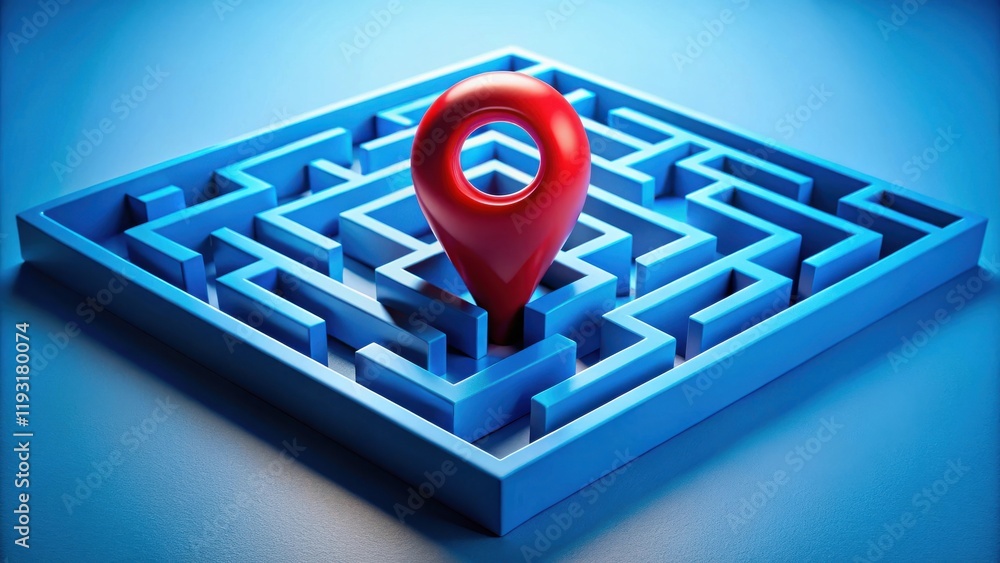 Poster Finding the Solution A Red Locator Pin at the Center of a Blue Maze