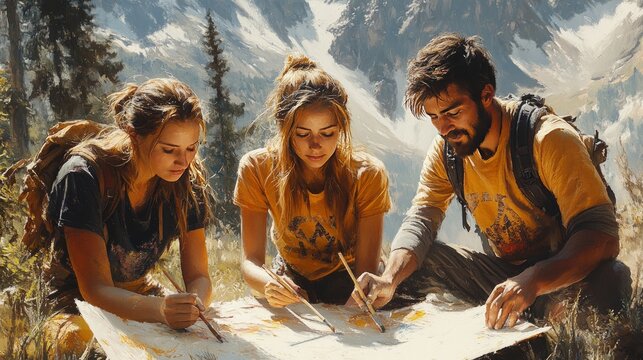 Three young hikers studying a map in the mountains.