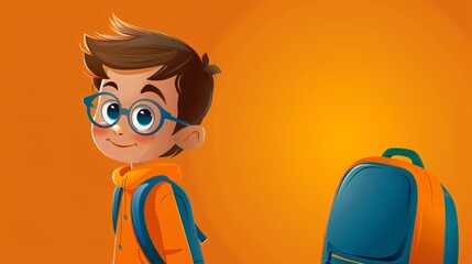 Cheerful Schoolboy in Glasses with Backpack on Orange Background