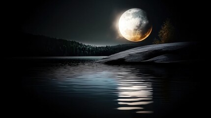Lunar Serenity, A Full Moon's Reflection on Still Waters