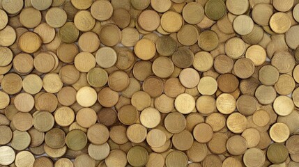 Gold coins are spread out evenly across the surface, creating a shimmering effect and showcasing their rich color and unique textures