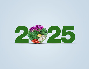 Vegan day new year concept. Vegetarian day with various vegetable concepts. World diabetes day. Vegetables for a healthy life. 2025 lettering typography isolated with various vegetables.