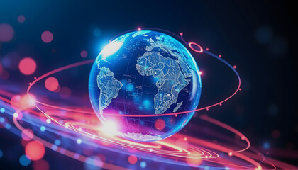 Obraz premium Shiny blue earth with 3d lines and colorful circles around. Technology and global network concept, dramatic atmosphere, with white tones