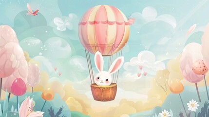 Easter Day Concept: Hot Air Balloon with Rabbit in Basket