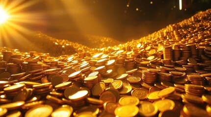 Obraz premium A vast collection of shimmering gold coins lays scattered across the ground, illuminated by warm, glowing light from above, creating a treasure-filled atmosphere