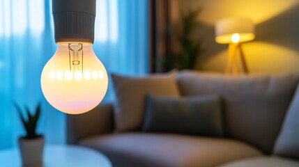 A contemporary smart light bulb with adjustable colors and voice control in a stylish living room, representing modern home lighting solutions and tech integration, Living room scene