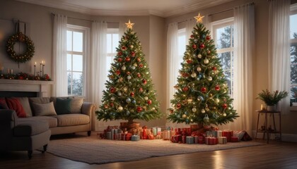 A festive Christmas tree with sparkling lights and ornaments in a beautifully decorated living room, holly berries, festive atmosphere