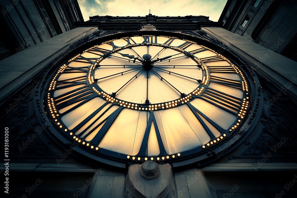 Poster low angle view of a large, illuminated clock face on a building at dusk.