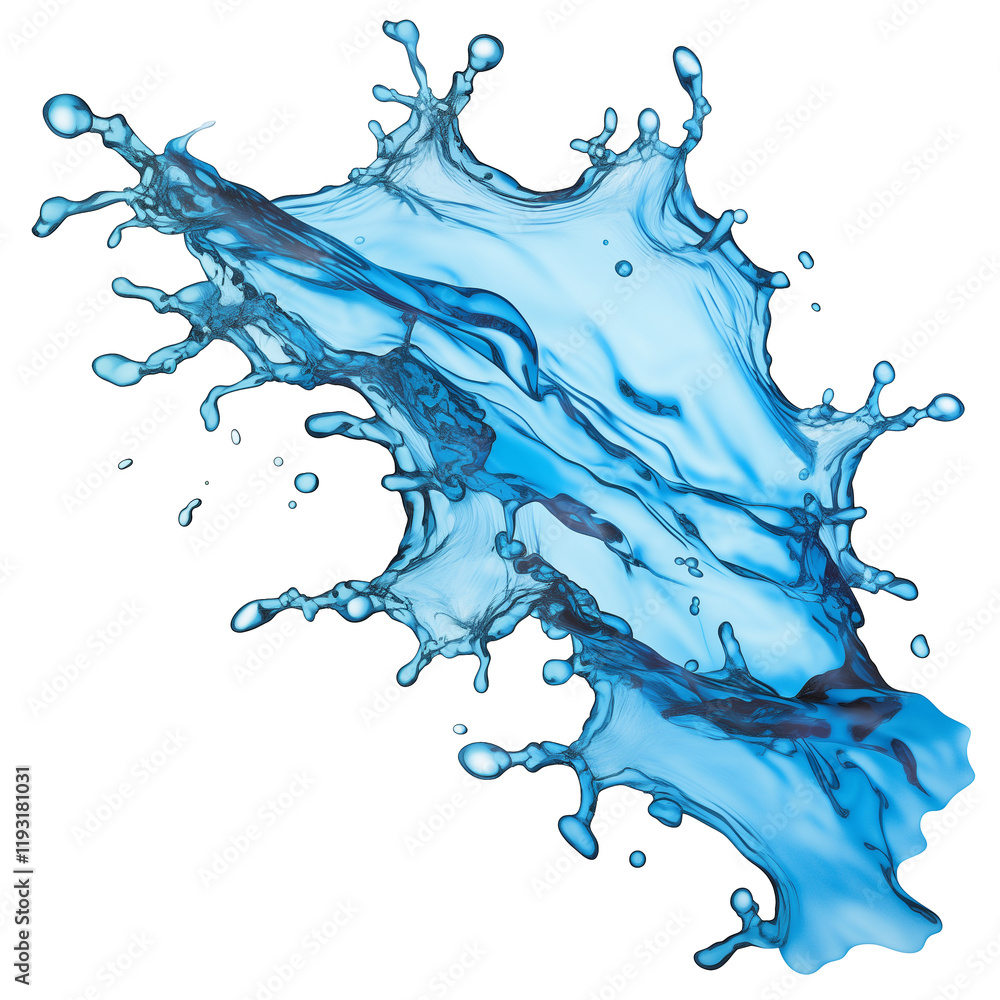 Poster Dynamic blue water splash forming arrow shape on transparency background, capturing motion and fluidity. Perfect for concepts of freshness, purity, and direction