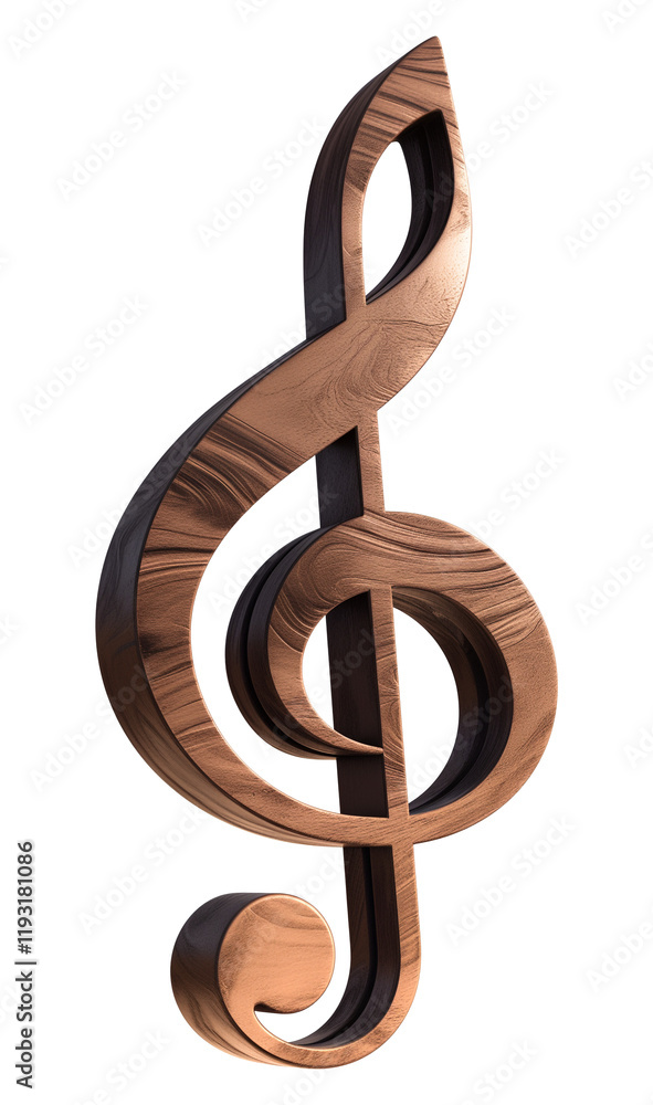 Poster bronze treble clef made of cast metal is isolated on transparency background, showcasing its elegant