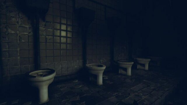 A dimly lit restroom shows four unclean stalls, with debris on the floor and grime on the walls. The atmosphere conveys neglect and decay in this deserted space.