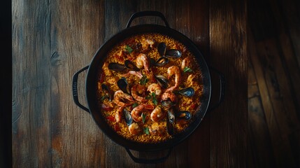 Overhead view of a paella pan filled with seafood paella, including shrimp, mussels, and saffron rice, on a rustic wooden table.