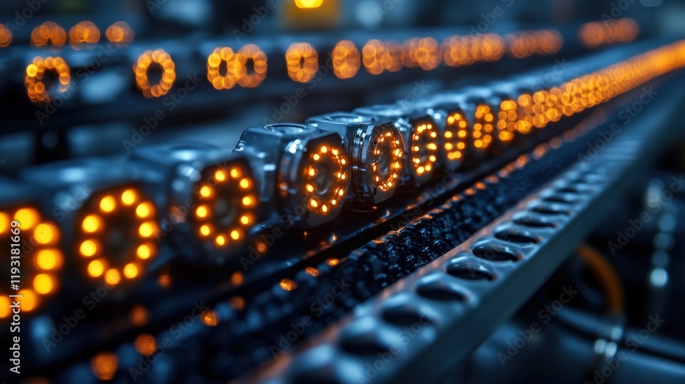 Aufkleber close-up view of industrial conveyor system with illuminated indicators, showcasing advanced technol