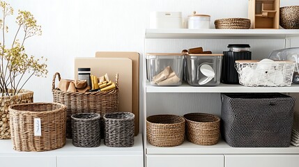 Fototapeta premium A white shelf with baskets of different sizes and colors