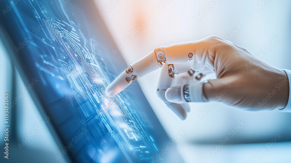 Poster robotic hand interacts with digital touchscreen, showcasing advanced technology and innovation human computer interaction. scene highlights seamless integration of robotics modern digital