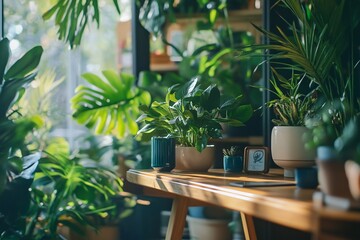 Fototapeta premium Sunlit wooden table with various potted indoor plants, creating a lush, green, home interior scene.