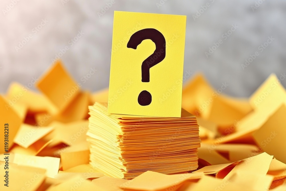 Poster a stack of yellow sticky notes with a question mark signifying curiosity and uncertainty in a creati