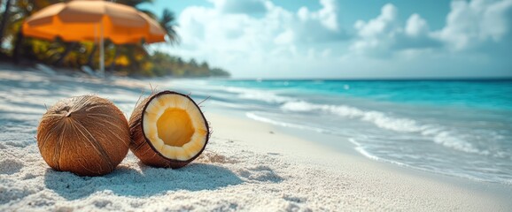 Obraz premium Tropical beach scene with coconuts on white sand.