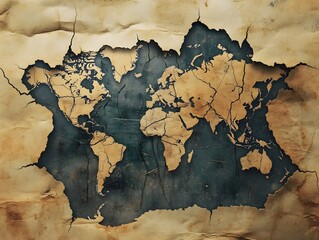 Vintage Style World Map Illustration with Cracked Edges on Weathered Background for Use in Travel and Exploration Themes in Various Projects