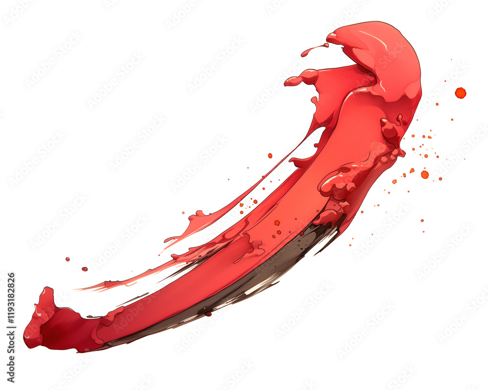 Poster dynamic, curved arrow painted with dark red ink, featuring dramatic brush strokes and splatters, cre