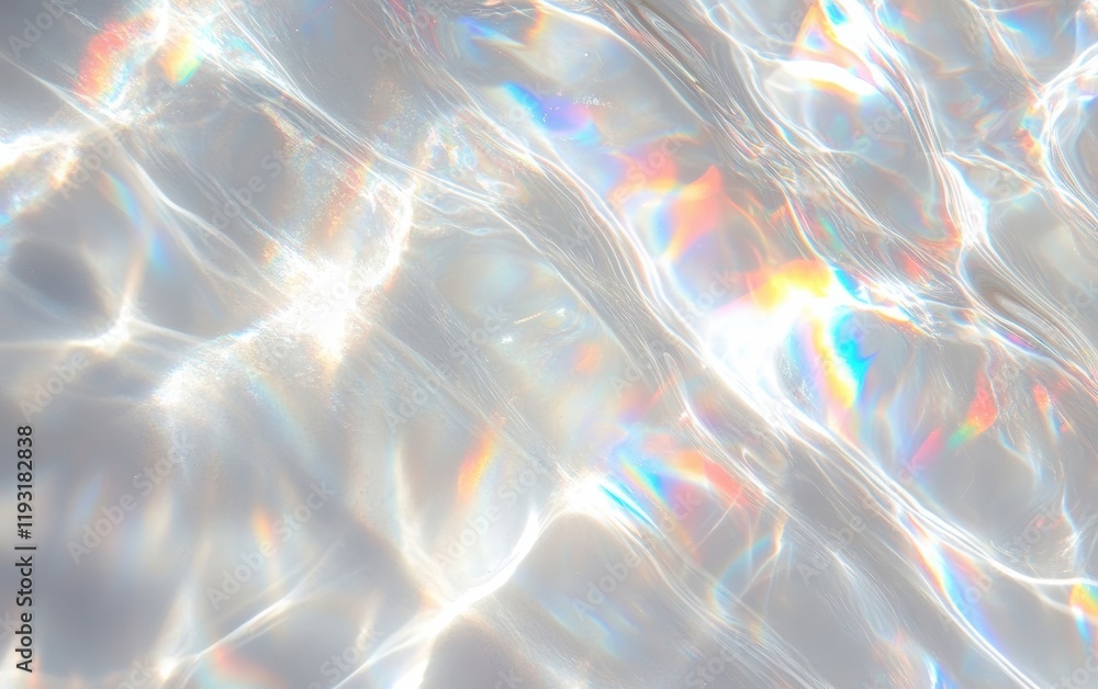 Poster abstract shimmering light reflections on a water surface, creating a vibrant and colorful texture in