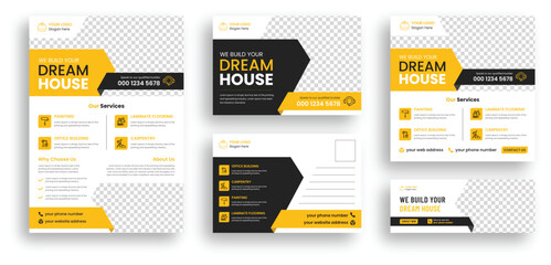 Construction marketing collateral set. Included Construction flyer design, Social media banner design, web banner design, post card design. Print template layout design vector.