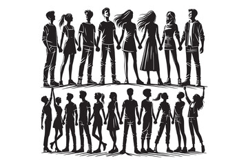 silhouette A team of young men and women holding hands vector illustration in white background