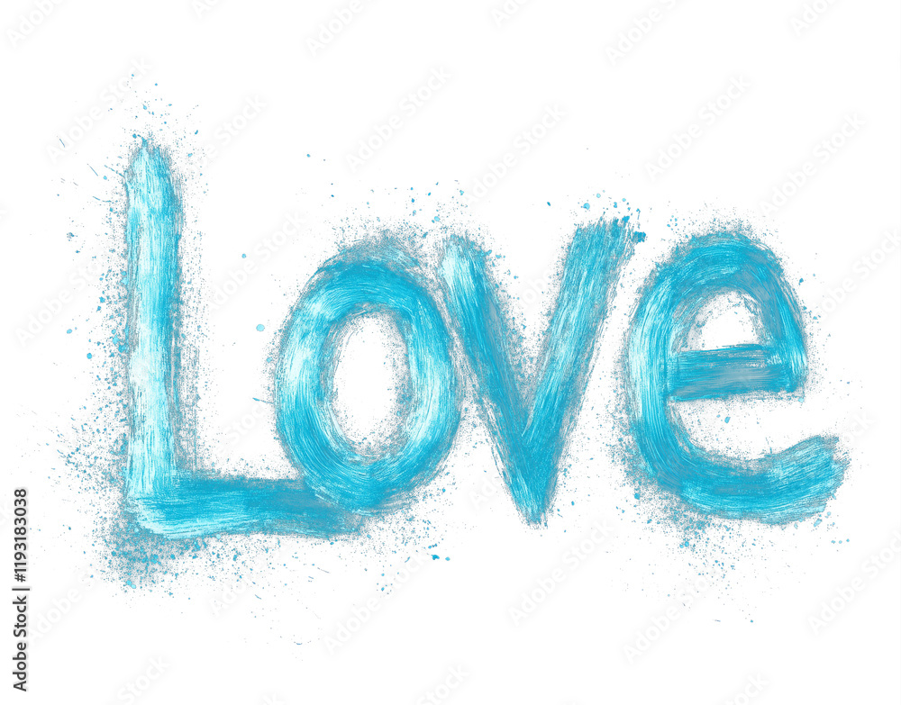Aufkleber word love is artistically painted in cyan with smooth and glossy brush lines on transparency backgro