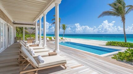 Fototapeta premium a beautiful beach house with panoramic ocean views, featuring a spacious deck and tropical landscaping, ideal for coastal living